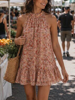 Nicole Miller Pink Floral Halter Swing Dress